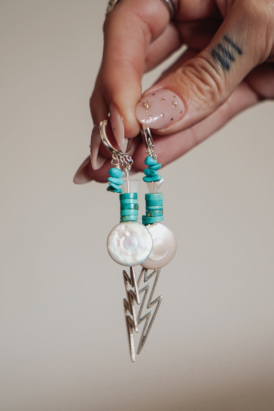Charmed Earrings in Blue Ridge Turquoise, Mother of Pearl Beads & Sterling Silver Bolt