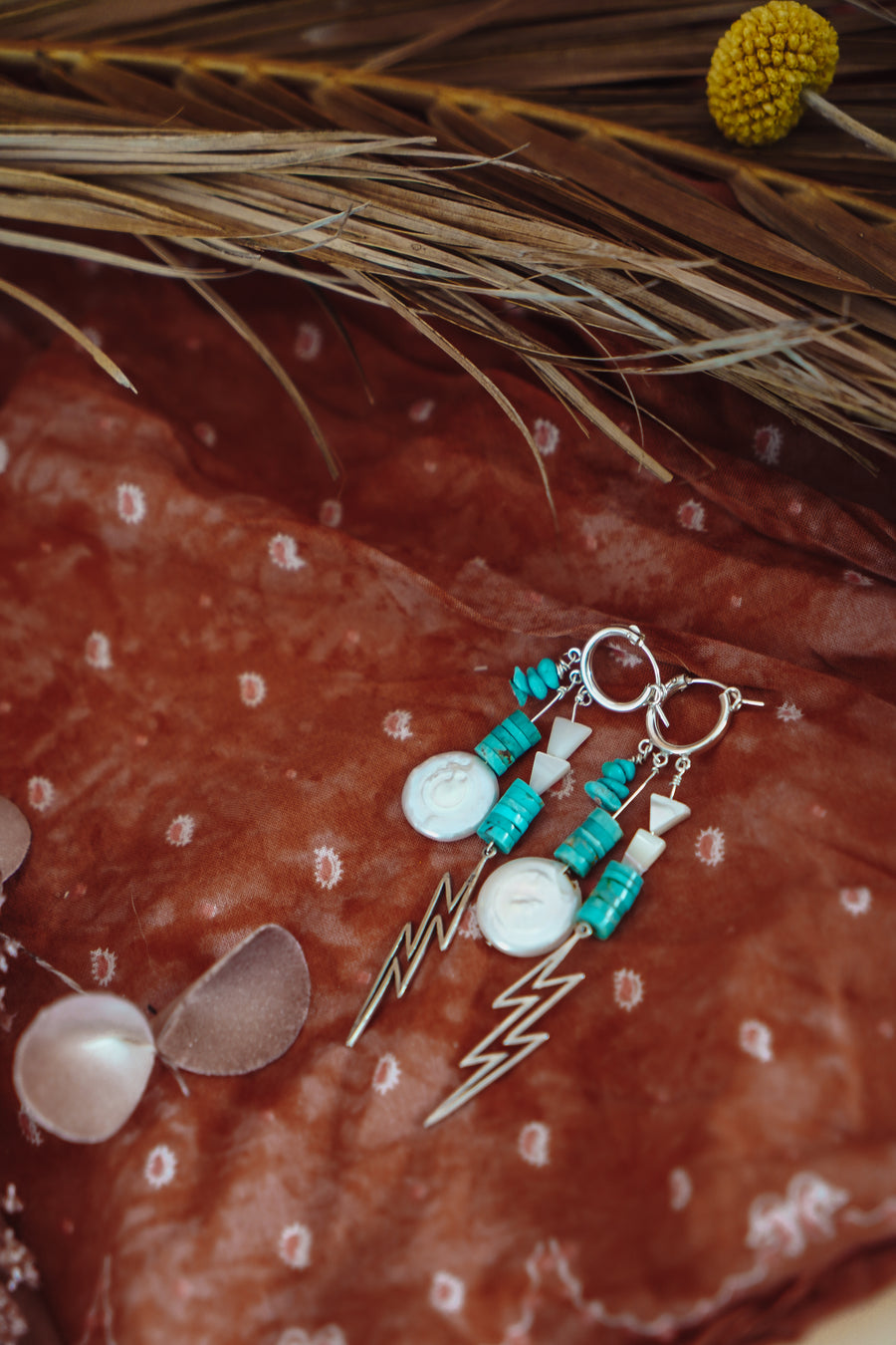 Charmed Earrings in Blue Ridge Turquoise, Mother of Pearl Beads & Sterling Silver Bolt