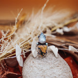 Ocean Jasper, Rainbow Moonstone, & Lone Mtn Turquoise Ring (Size 9)