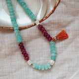 Boho Tassle Necklace in Ruby Quartz, Aventurine, & Mother of Pearl