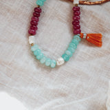 Boho Tassle Necklace in Ruby Quartz, Aventurine, & Mother of Pearl