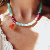 Boho Tassle Necklace in Ruby Quartz, Aventurine, & Mother of Pearl