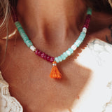 Boho Tassle Necklace in Ruby Quartz, Aventurine, & Mother of Pearl
