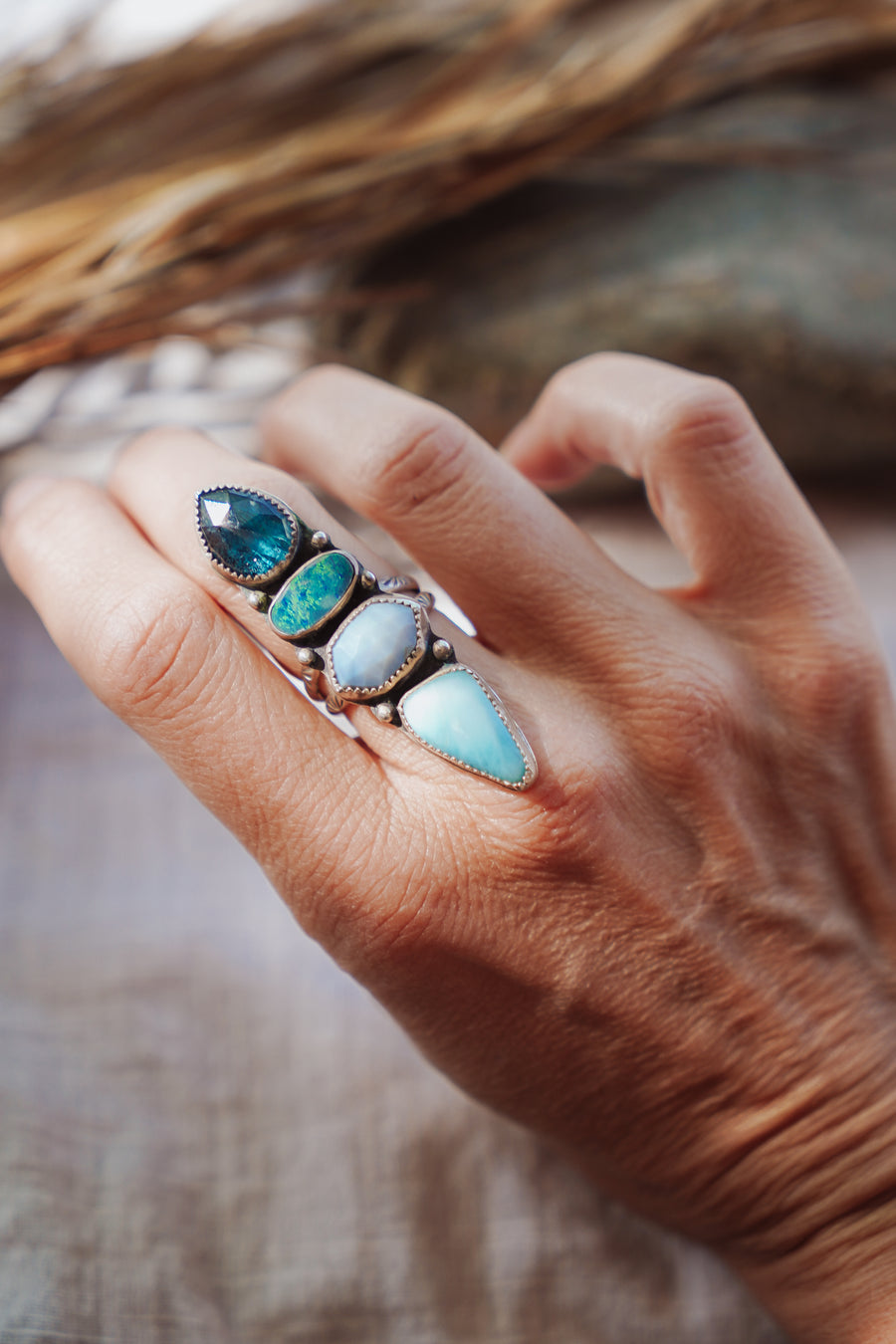 Cairn Ring in Larimar, Boulder Opal Doublet, & Faceted Blue Kyanite and Blue Calcite (Size 6.75)