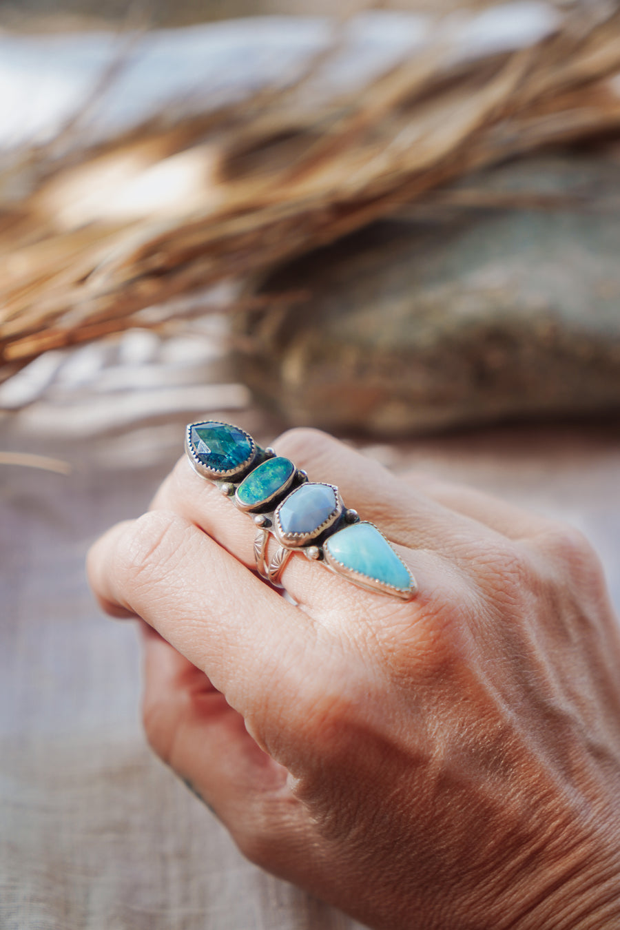 Cairn Ring in Larimar, Boulder Opal Doublet, & Faceted Blue Kyanite and Blue Calcite (Size 6.75)
