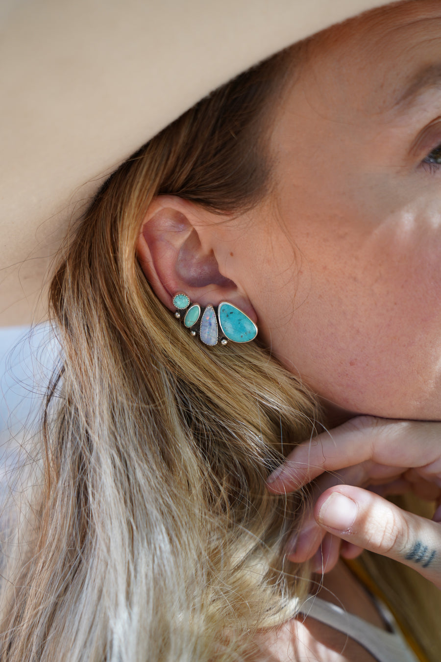 Ear Crawlers in Sonoran Gem, Hubei, & Campitos Turquoise & Boulder Opal Doublets