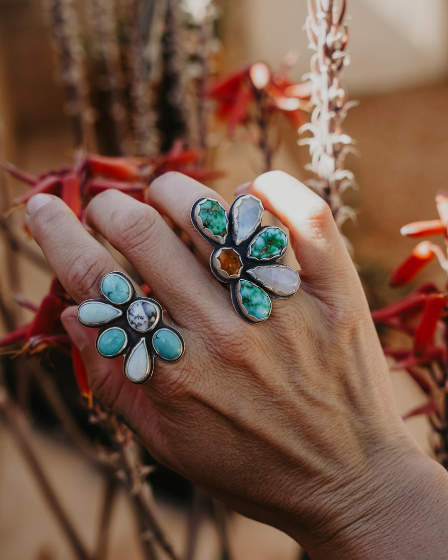 Sun Flair Ring in Faceted Dendritic Agate, Hubei Turquoise, & Sterling Opal (Size 7.5)