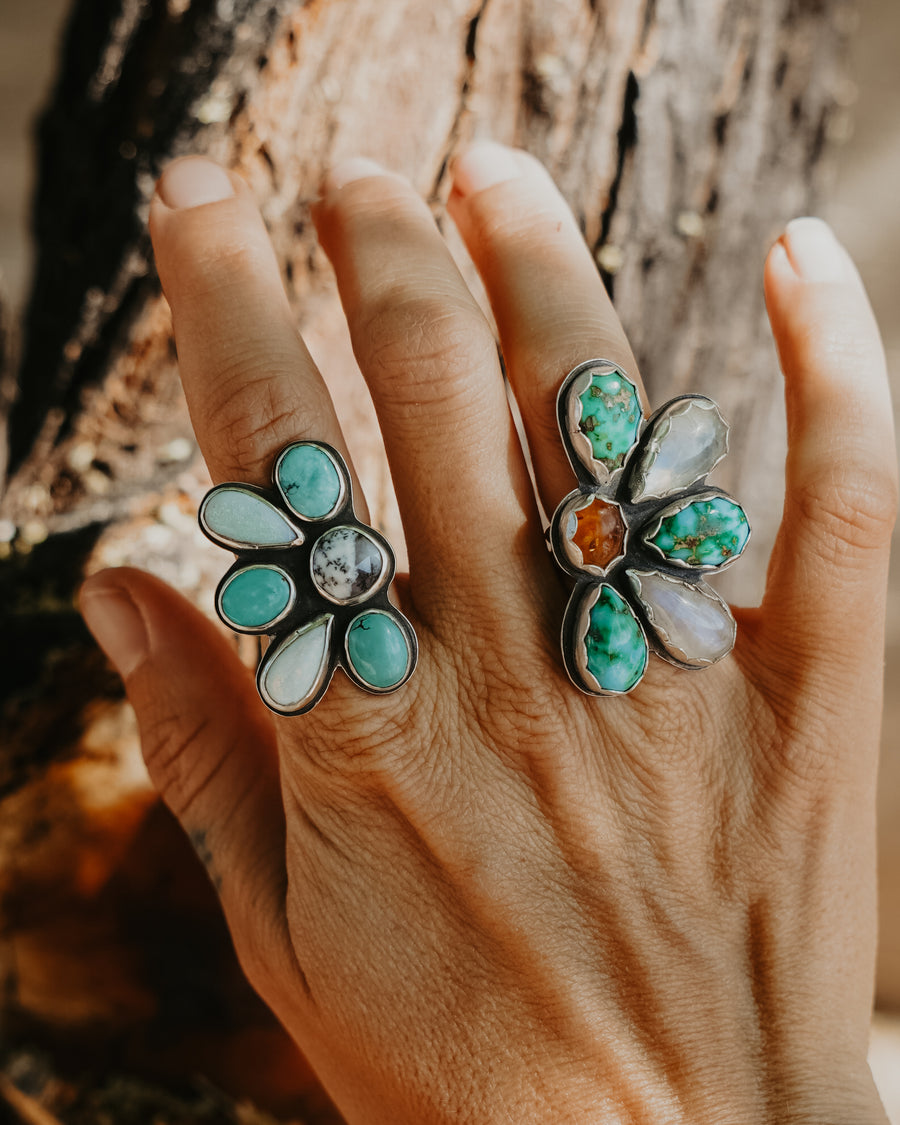 Sun Flair Ring in Emerald Valley Turquoise, Amber, & Rainbow Moonstone (Size 6)