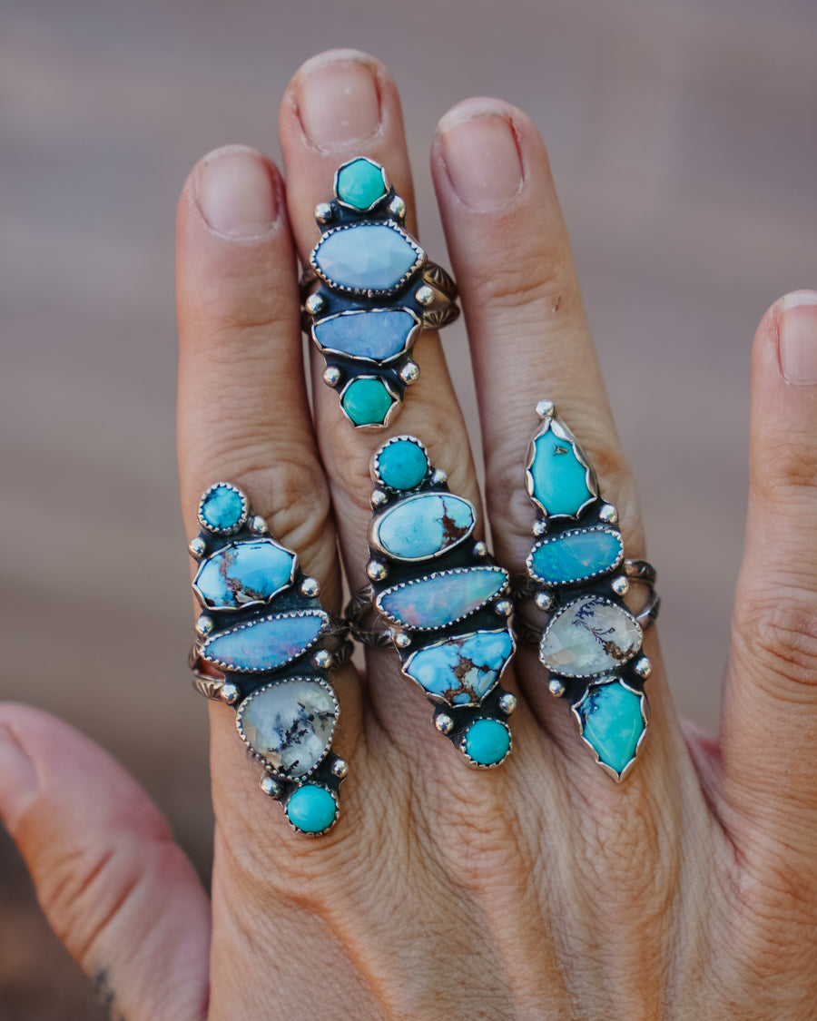 Cairn Ring in Hubei Turquoise, Faceted Agate, & Boulder Opal Doublet (Size 6.5)