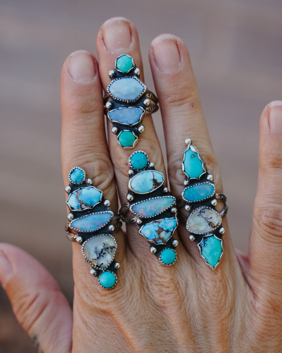 Cairn Ring in Golden Hills, Hubei Turquoise, Faceted Agate, & Boulder Opal Doublet (Size 9)