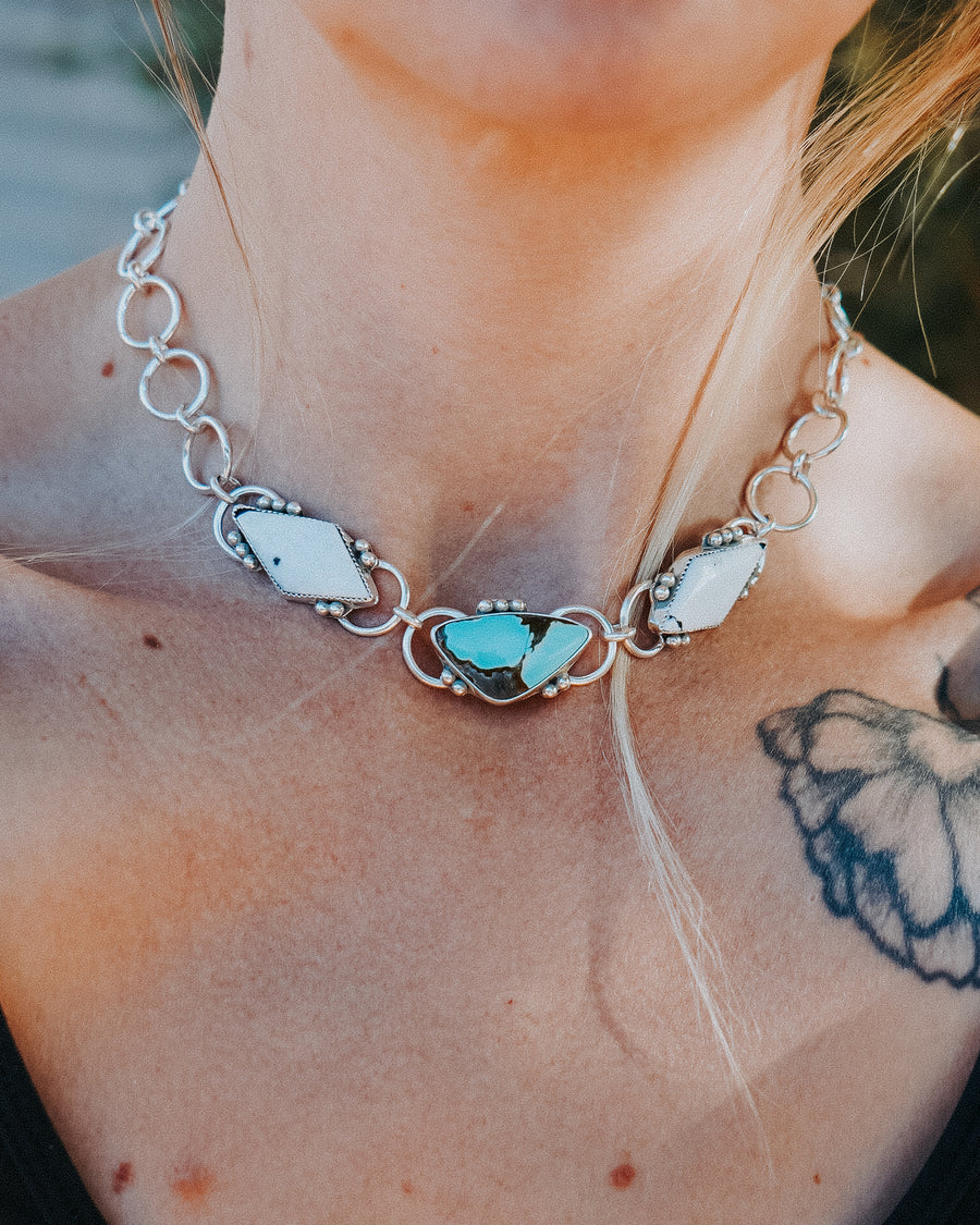 Adjustable Choker with Iron Maiden Turquoise & White Buffalo