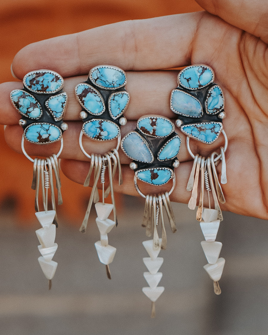 Blue Sky Earrings Golden Hills Turquoise, Boulder Opal Doublet & Mother of Pearl