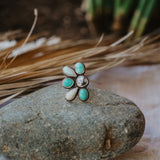 Sun Flair Ring in Faceted Dendritic Agate, Hubei Turquoise, & Sterling Opal (Size 7.5)