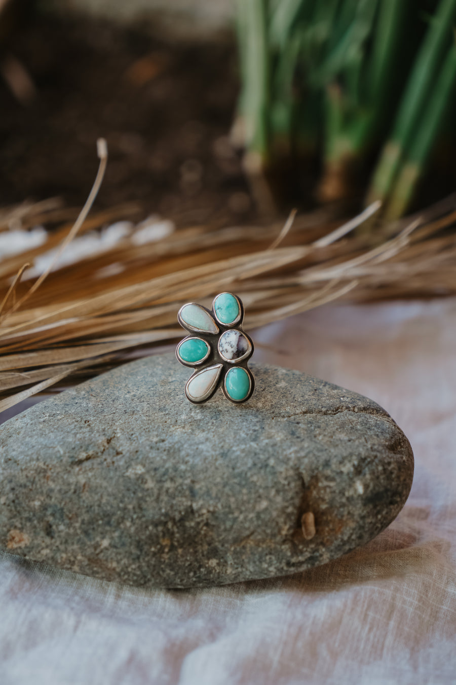Sun Flair Ring in Faceted Dendritic Agate, Hubei Turquoise, & Sterling Opal (Size 7.5)