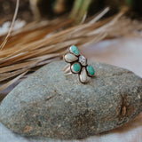 Sun Flair Ring in Faceted Dendritic Agate, Hubei Turquoise, & Sterling Opal (Size 7.5)