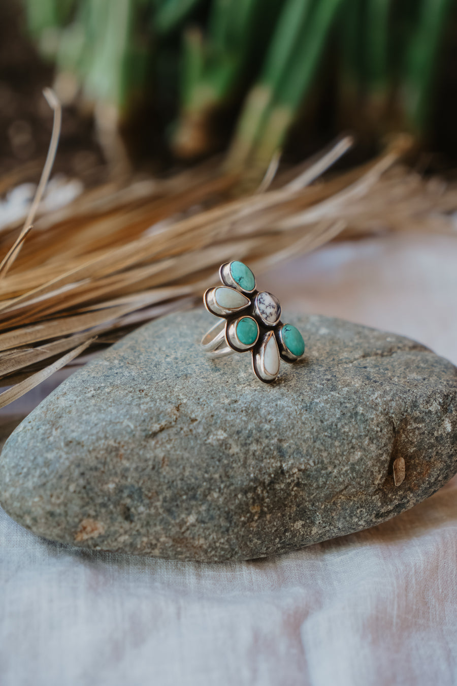 Sun Flair Ring in Faceted Dendritic Agate, Hubei Turquoise, & Sterling Opal (Size 7.5)
