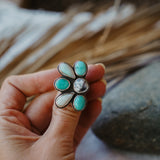 Sun Flair Ring in Faceted Dendritic Agate, Hubei Turquoise, & Sterling Opal (Size 7.5)