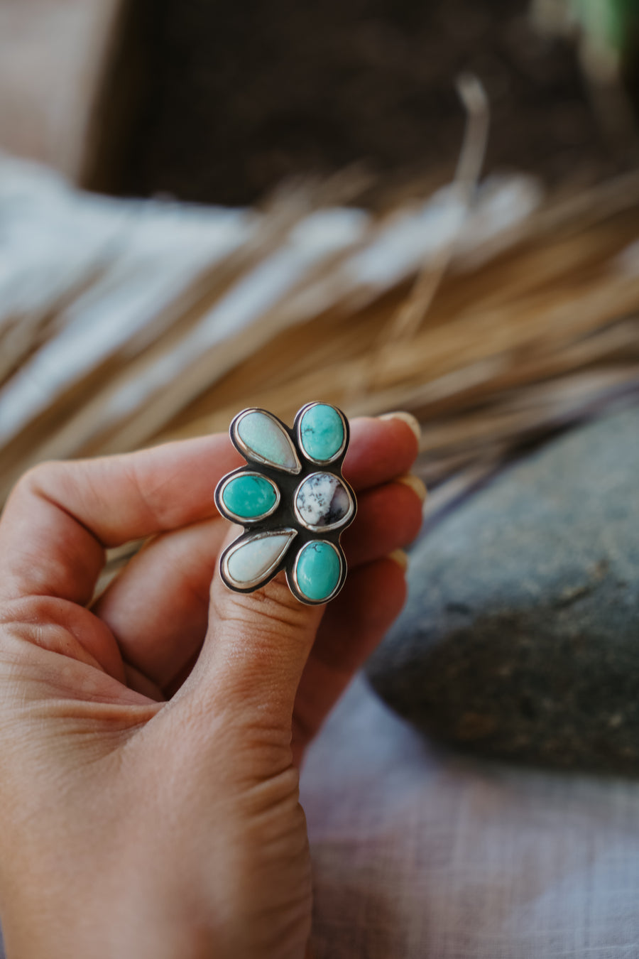 Sun Flair Ring in Faceted Dendritic Agate, Hubei Turquoise, & Sterling Opal (Size 7.5)