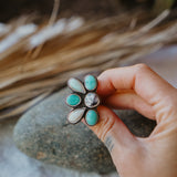 Sun Flair Ring in Faceted Dendritic Agate, Hubei Turquoise, & Sterling Opal (Size 7.5)