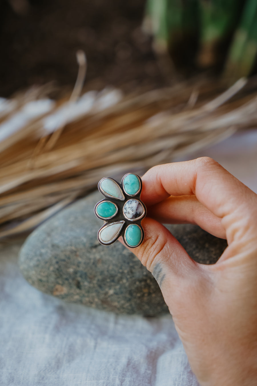 Sun Flair Ring in Faceted Dendritic Agate, Hubei Turquoise, & Sterling Opal (Size 7.5)