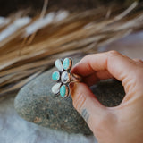 Sun Flair Ring in Faceted Dendritic Agate, Hubei Turquoise, & Sterling Opal (Size 7.5)