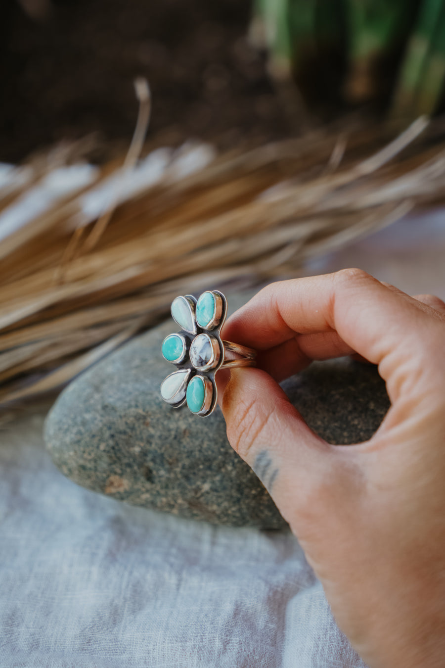 Sun Flair Ring in Faceted Dendritic Agate, Hubei Turquoise, & Sterling Opal (Size 7.5)