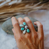 Sun Flair Ring in Faceted Dendritic Agate, Hubei Turquoise, & Sterling Opal (Size 7.5)