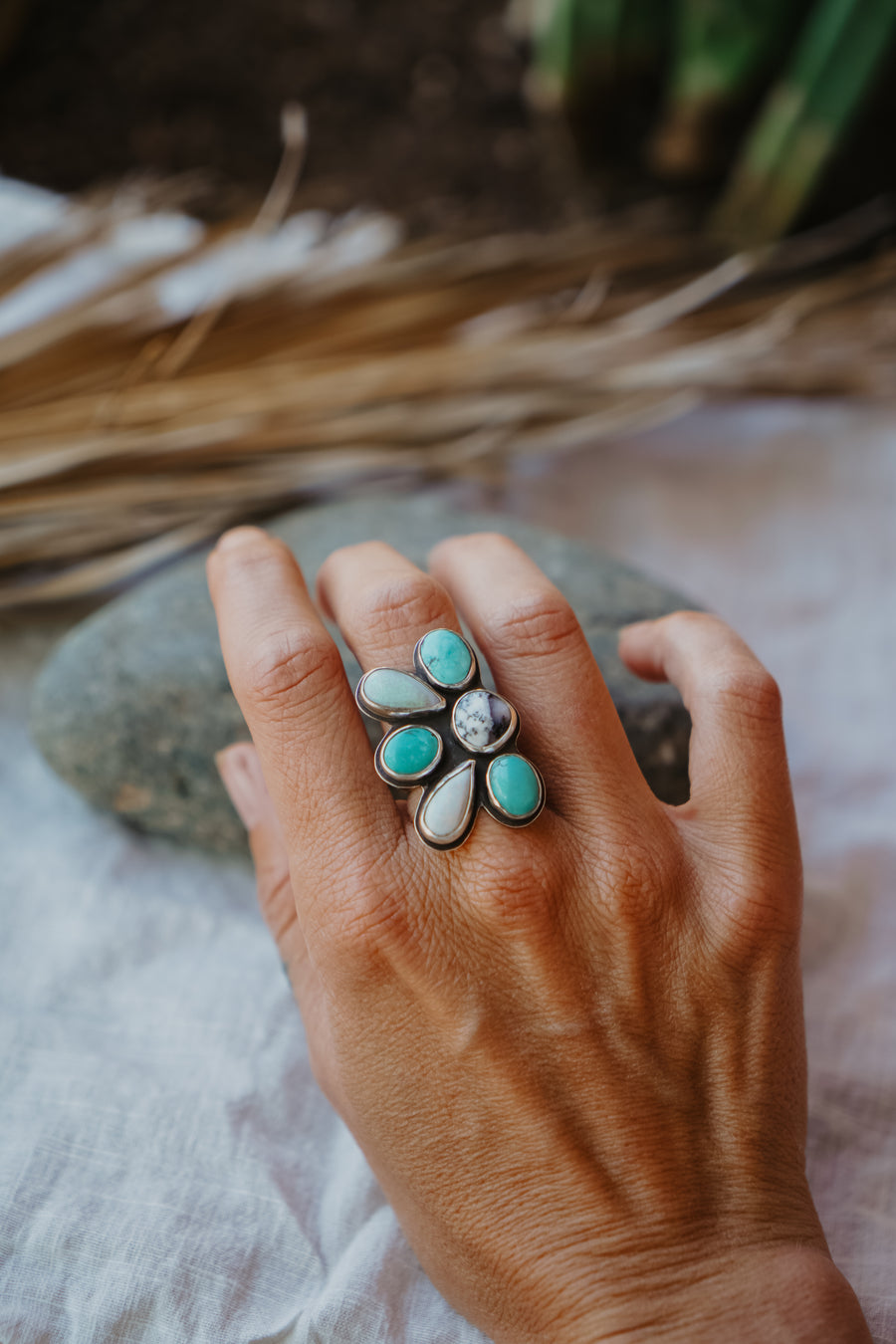 Sun Flair Ring in Faceted Dendritic Agate, Hubei Turquoise, & Sterling Opal (Size 7.5)