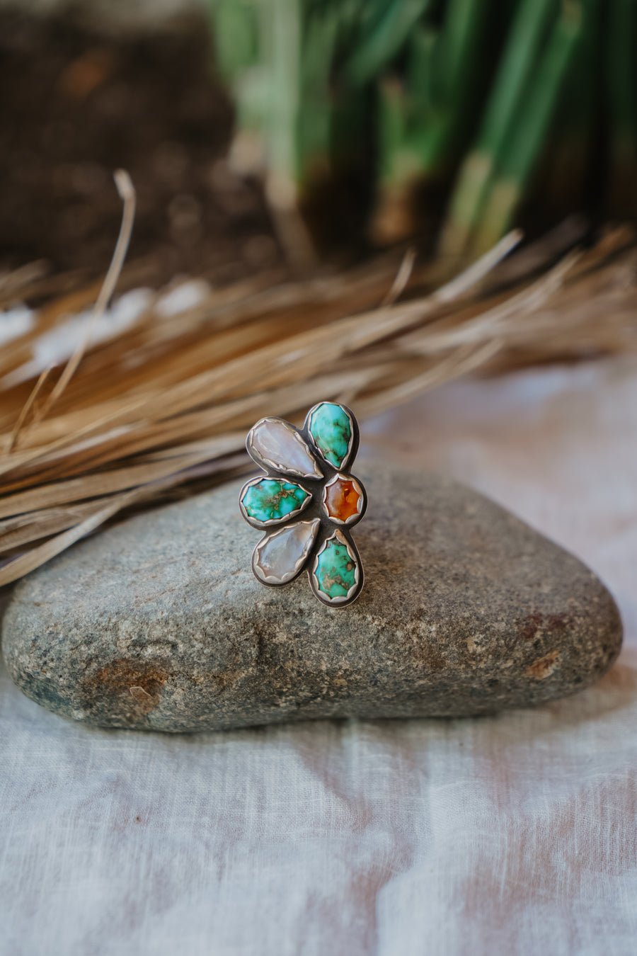 Sun Flair Ring in Emerald Valley Turquoise, Amber, & Rainbow Moonstone (Size 6)