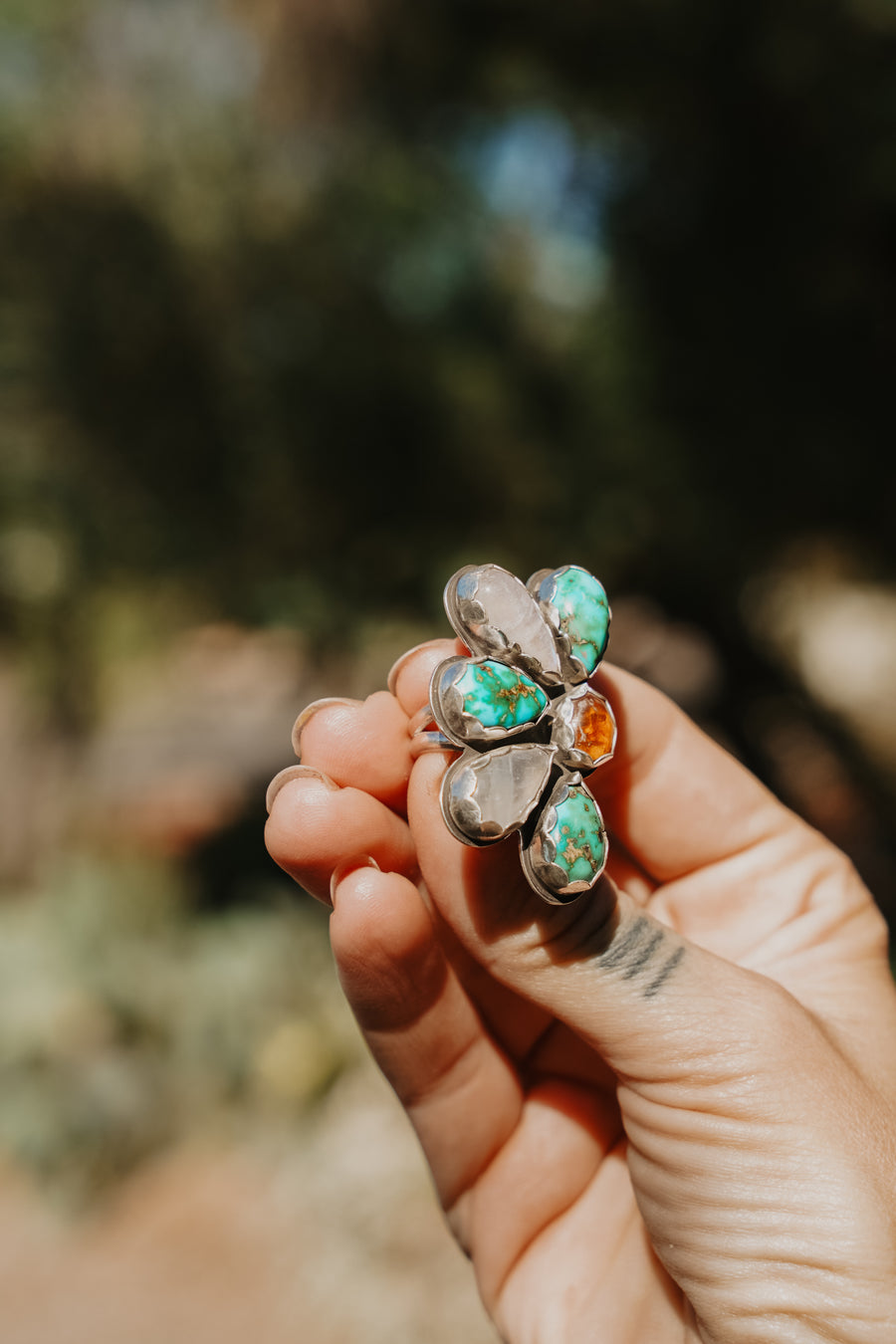 Sun Flair Ring in Emerald Valley Turquoise, Amber, & Rainbow Moonstone (Size 6)