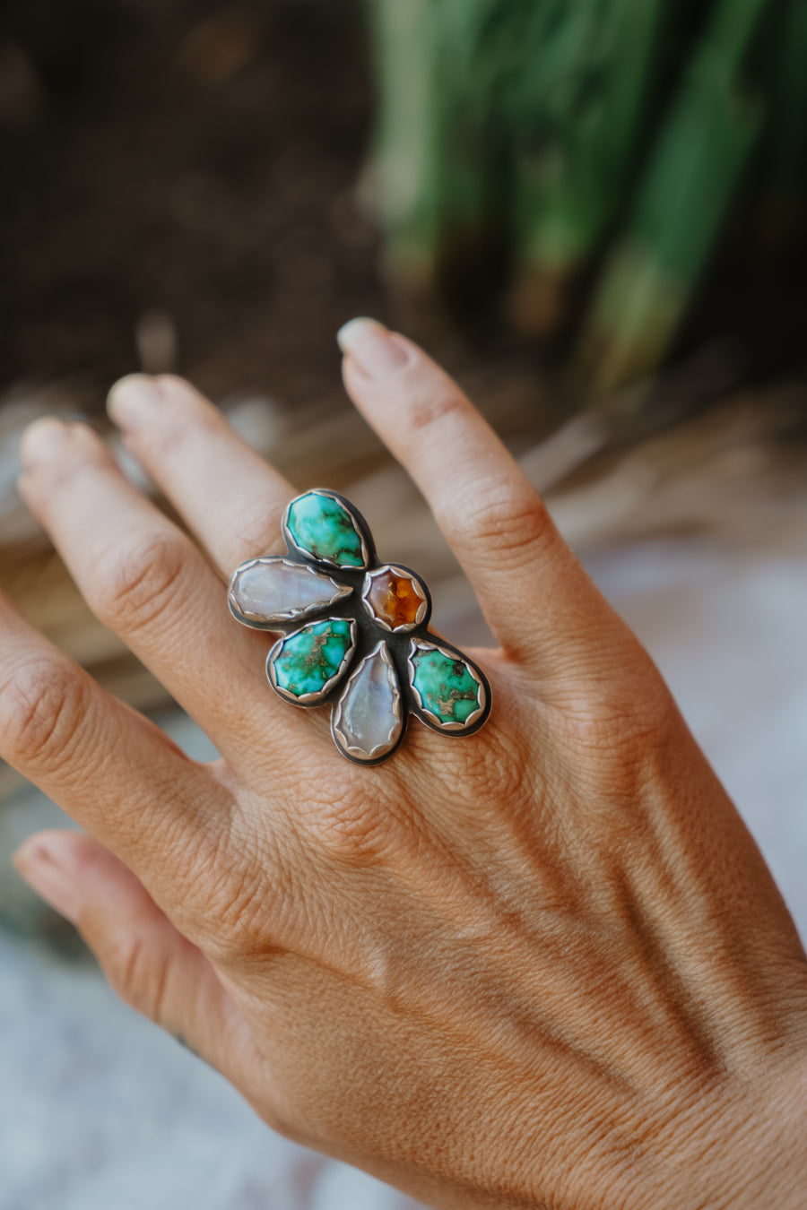 Sun Flair Ring in Emerald Valley Turquoise, Amber, & Rainbow Moonstone (Size 6)