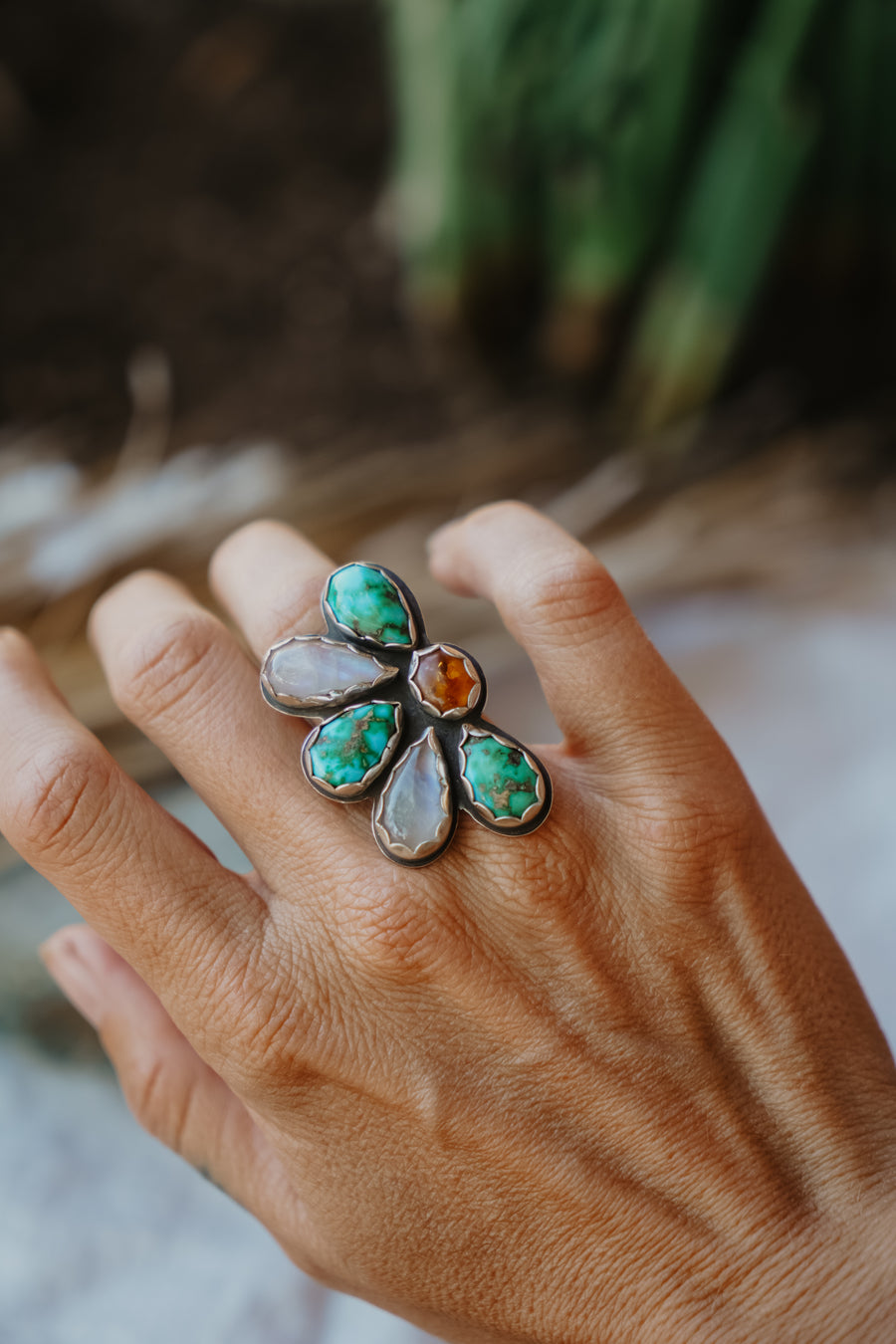 Sun Flair Ring in Emerald Valley Turquoise, Amber, & Rainbow Moonstone (Size 6)
