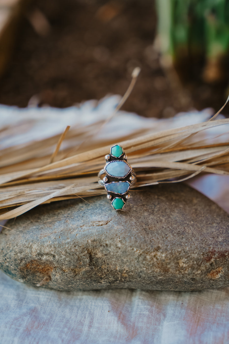 Cairn Ring in Hubei Turquoise, Faceted Calcite, & Boulder Opal Doublet (Size 7)