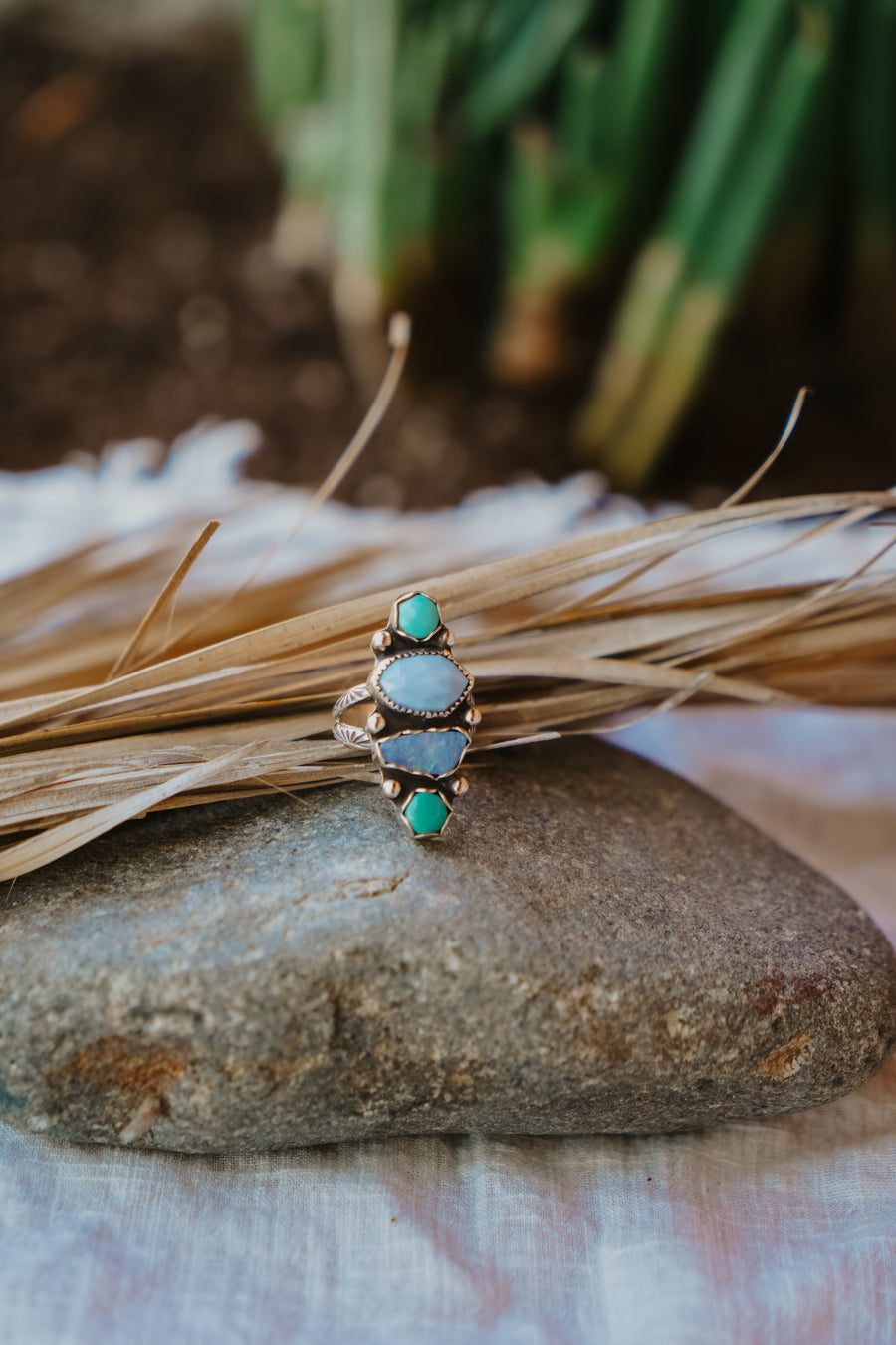 Cairn Ring in Hubei Turquoise, Faceted Calcite, & Boulder Opal Doublet (Size 7)