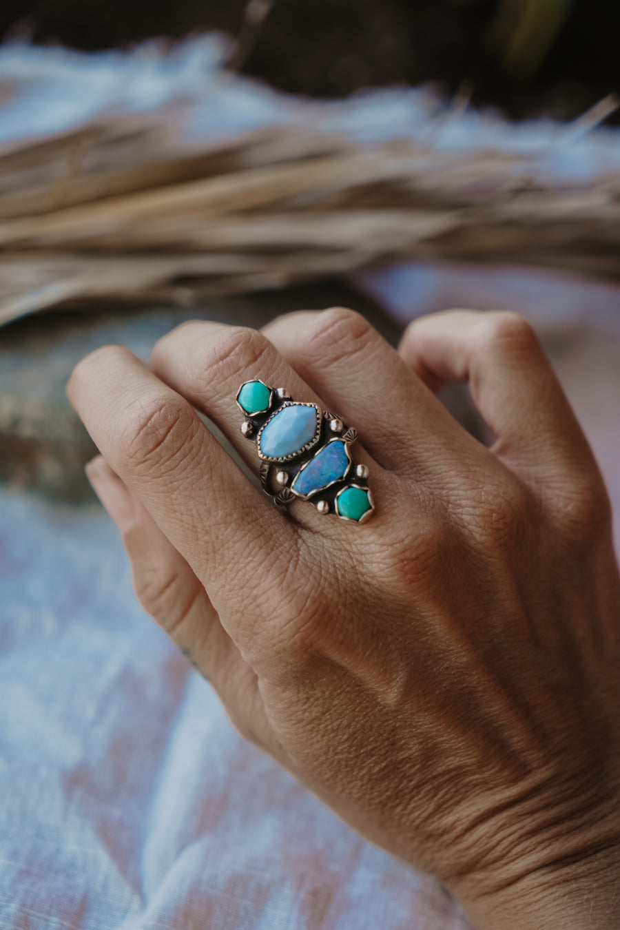 Cairn Ring in Hubei Turquoise, Faceted Calcite, & Boulder Opal Doublet (Size 7)