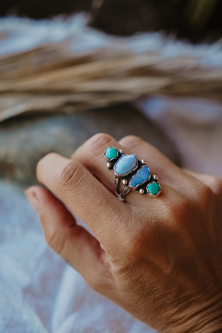 Cairn Ring in Hubei Turquoise, Faceted Calcite, & Boulder Opal Doublet (Size 7)