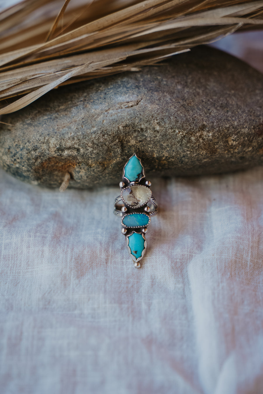 Cairn Ring in Hubei Turquoise, Faceted Agate, & Boulder Opal Doublet (Size 6.5)