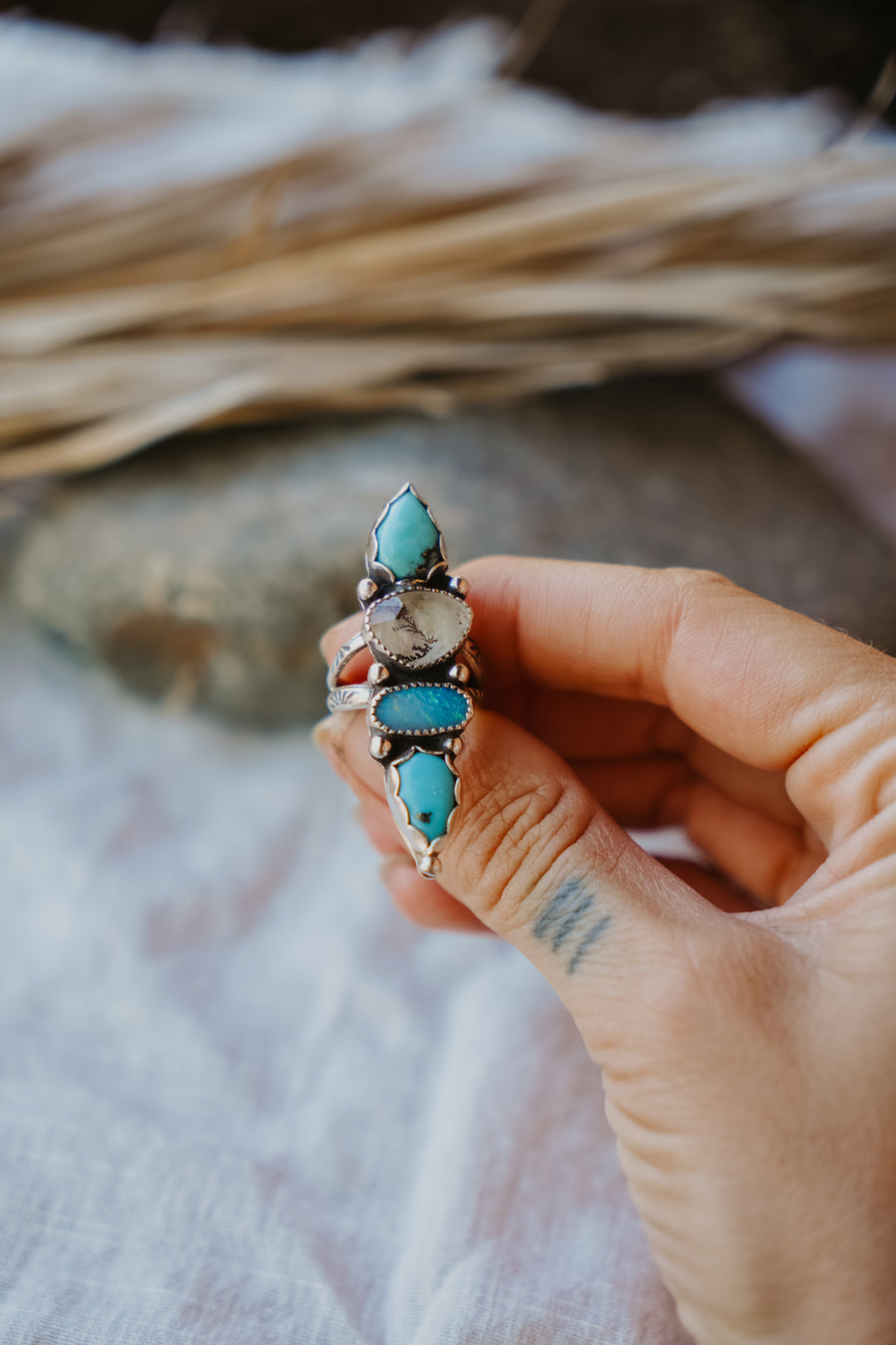 Cairn Ring in Hubei Turquoise, Faceted Agate, & Boulder Opal Doublet (Size 6.5)