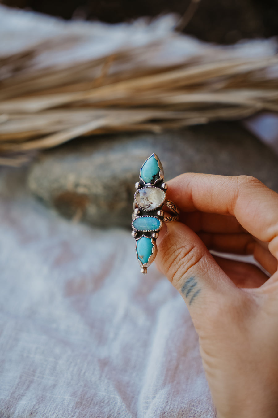 Cairn Ring in Hubei Turquoise, Faceted Agate, & Boulder Opal Doublet (Size 6.5)