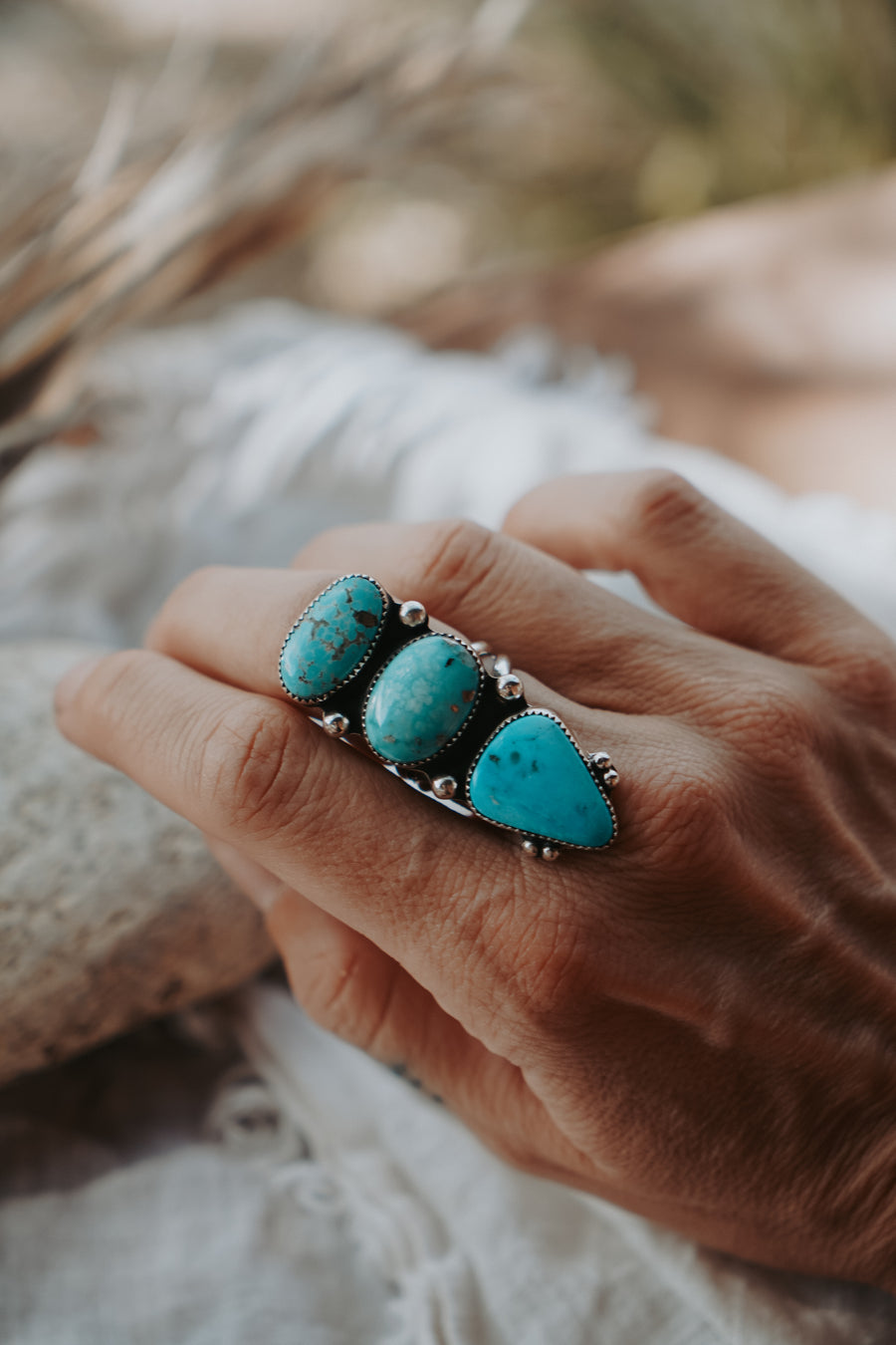 Cairn Ring in Whitewater & Sonoran Gem Turquoise (Size 6.75)