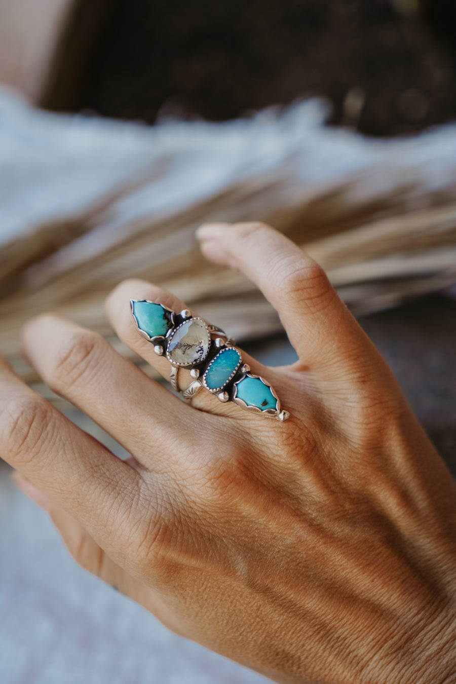 Cairn Ring in Hubei Turquoise, Faceted Agate, & Boulder Opal Doublet (Size 6.5)