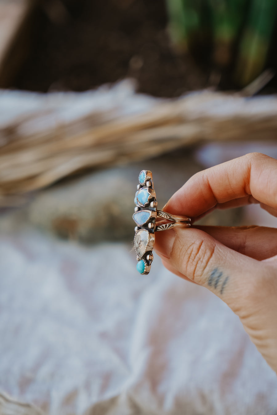 Cairn Ring in Golden Hills, Hubei Turquoise, Faceted Agate, & Boulder Opal Doublet (Size 9)