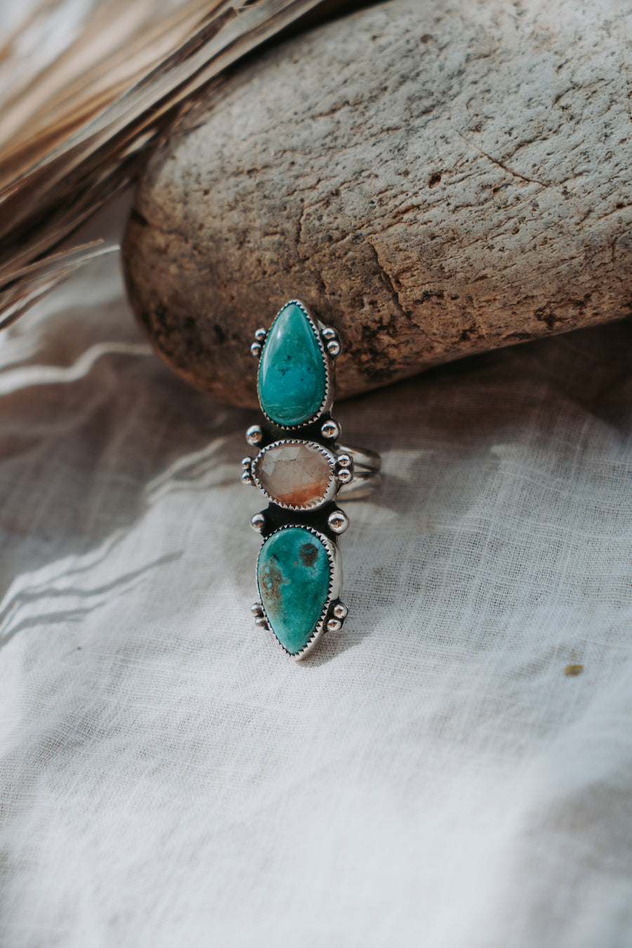 Cairn Ring in Royston Turquoise & Healer Quartz (Size 6.25)