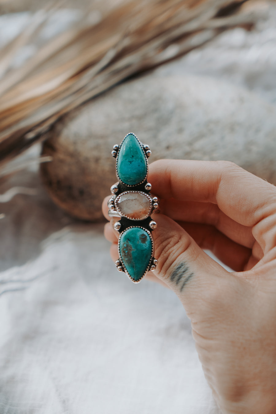 Cairn Ring in Royston Turquoise & Healer Quartz (Size 6.25)