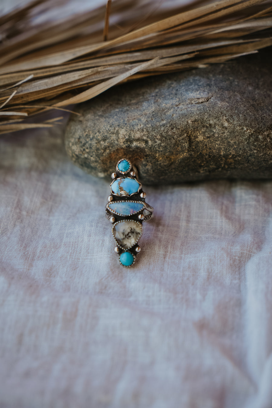 Cairn Ring in Golden Hills, Hubei Turquoise, Faceted Agate, & Boulder Opal Doublet (Size 9)