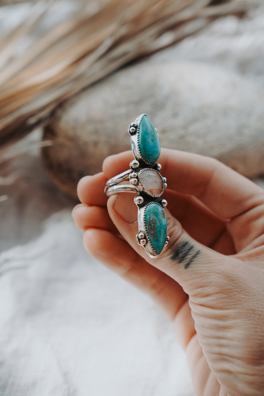 Cairn Ring in Royston Turquoise & Healer Quartz (Size 6.25)