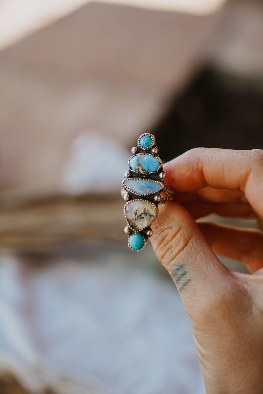 Cairn Ring in Golden Hills, Hubei Turquoise, Faceted Agate, & Boulder Opal Doublet (Size 9)