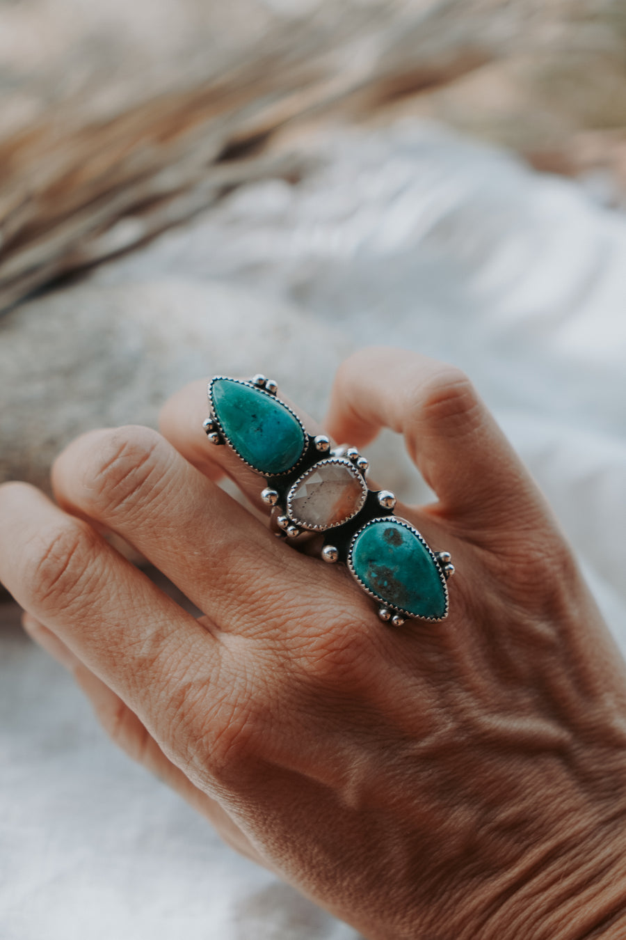 Cairn Ring in Royston Turquoise & Healer Quartz (Size 6.25)
