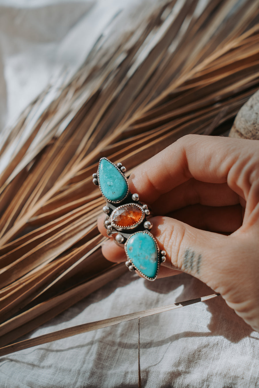 Cairn Ring in Whitewater Turquoise & Beer Quartz (Size 8)