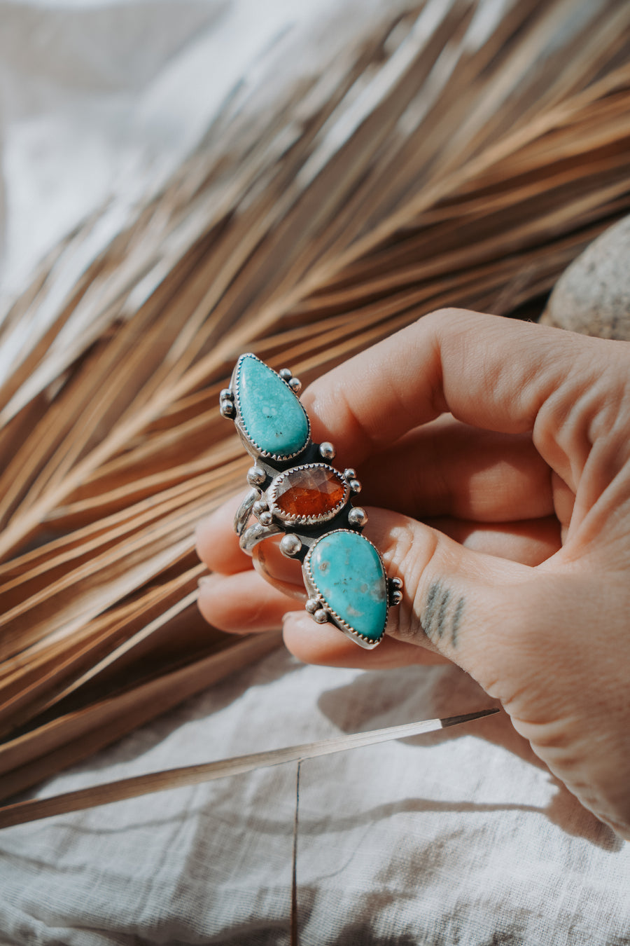Cairn Ring in Whitewater Turquoise & Beer Quartz (Size 8)